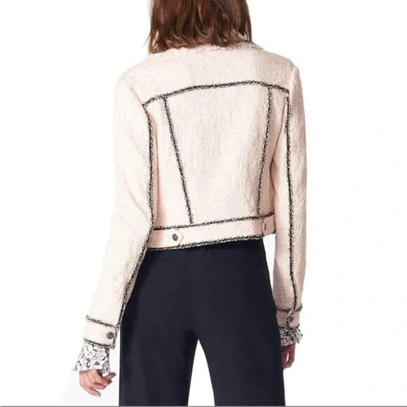 Veronica Beard Vita Tweed Jacket Pale Pink Crop Black Trim Button Fringe 2 XS - Picture 2 of 11
